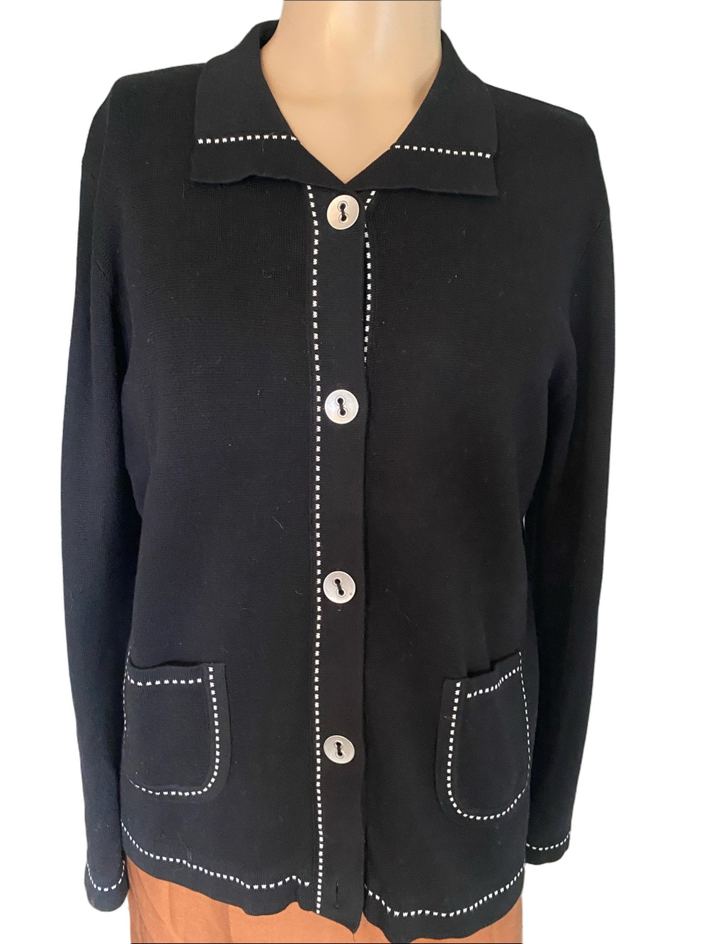 Austin Reed Black Cardigan Sweater with White Contrast Stitching